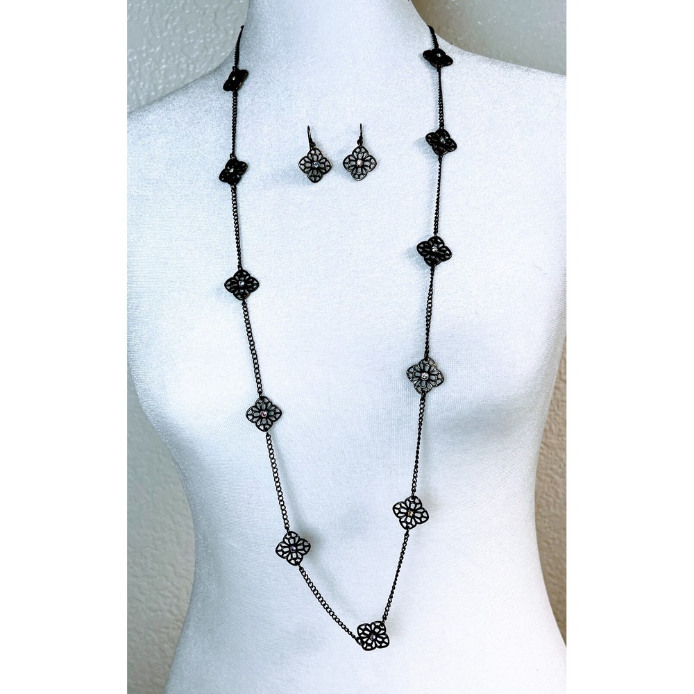 Filigree Flower Station Necklace and Earring Set Gunmetal AB‎ Rhinestone Boho